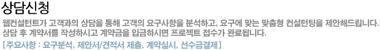 상담신청 : 웹컨설턴트가 고객과의 상담을 통해 고객의 요구사항을 분석하고, 요구에 맞는 맞춤형 컨설턴팅을 제안해드립니다. 상담 후 계약서를 작성하시고 계약금을 입금하시면 프로젝트 접수가 완료됩니다. (주요사항 : 요구분석, 제안서/견적서 제출, 계약실시, 선수금결제)