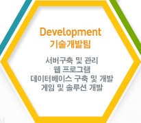 DEPT Development(기술개발팀) : 서버구축 및 관리, 웹 프로그램, 데이터베이스 구축 및 개발, 게임 및 솔루션 개발